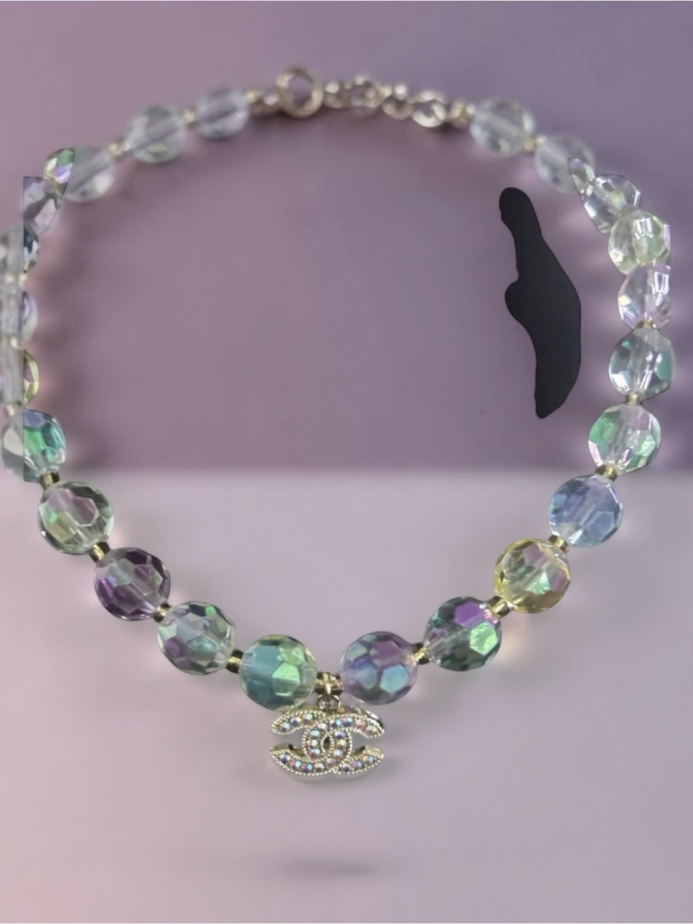 Iridescent Crystal Bead Necklace with Double-C Logo Pendant